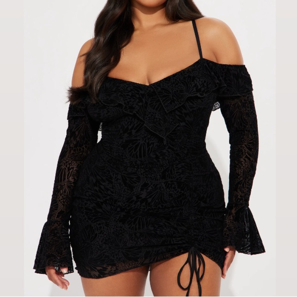 Fashion Nova Black Misty Burnout Velvet Mesh Micro Mini Dress Long Bell Sleeve